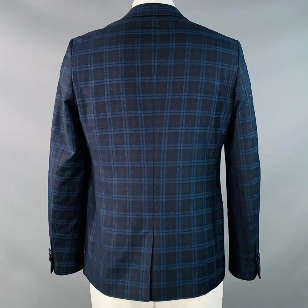 FARAH Size 42 Regular Navy Blue Plaid Polyester Blend Slim Fit Sport Coat
